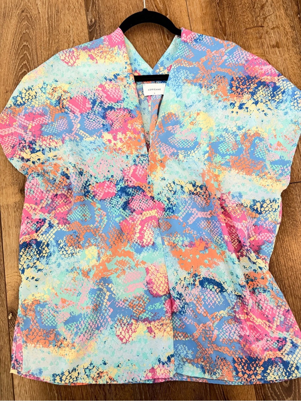 Adrienne Pastel Multi-Print V-Neck Blouse in Blue, Pink & Orange